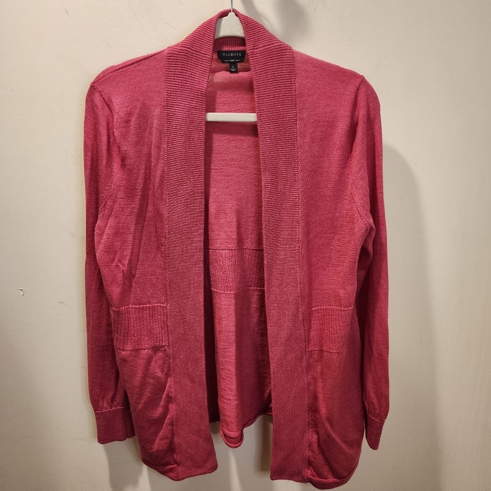 TALBOTS Pink Pure Merino Wool Open Front  Cardigan Sweater Size L